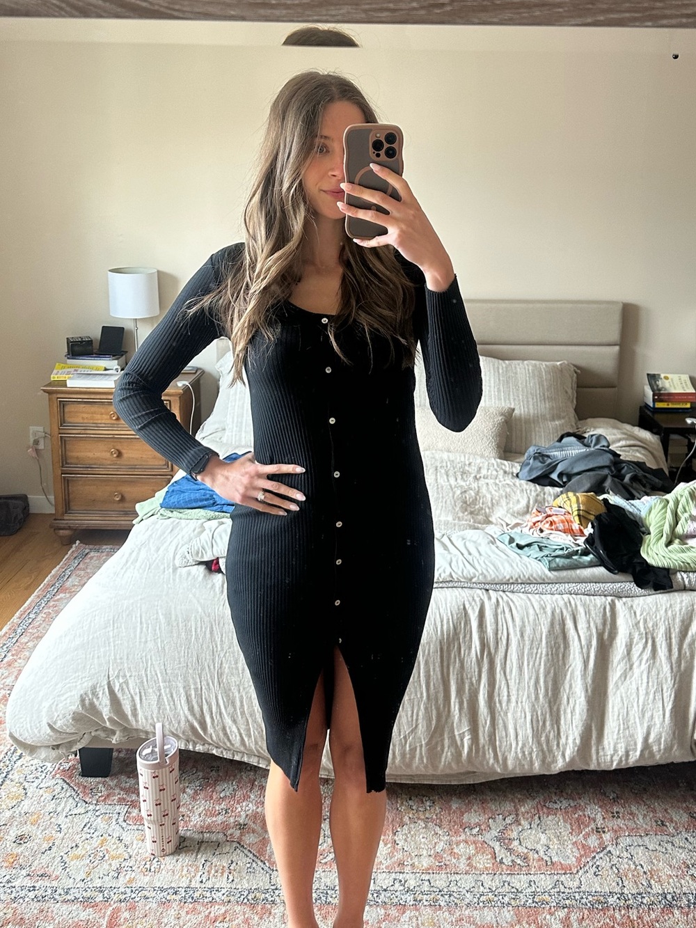 Zara Black Ribbed Button-Front Long Sleeve Midi Dress
